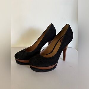 Pour La Victoire Irina Black Suede Leather Platform Hifh Heel Pumps